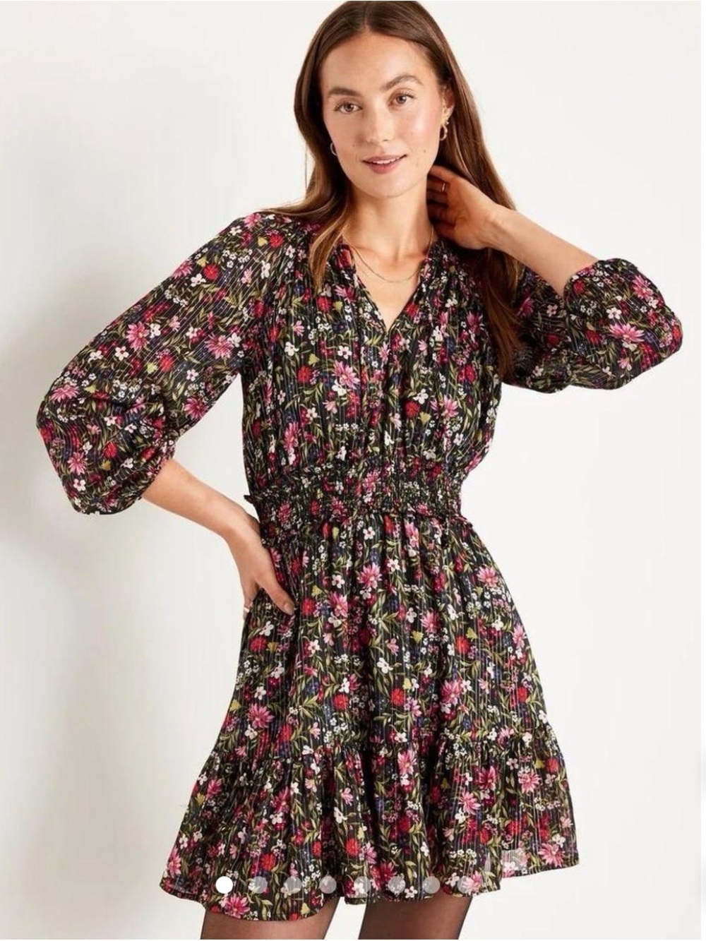 Old Navy Floral Smocked Waist Mini Dress - Black & Pink